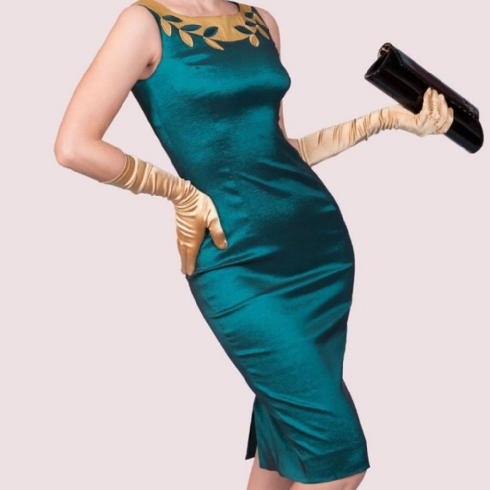 Tatyana Lime Drop Satin 1950s Pencil Dress. RARE
